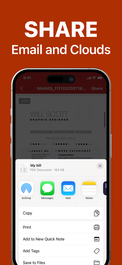 iPhone上でメールおよびクラウドサービス経由で書類を共有するためのPDF Editorアプリのインターフェース。