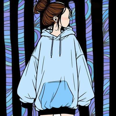 realistic girl with a oversized sweatshirt on and a bun