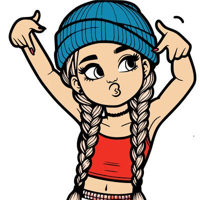 realistic teenage girl with braids and a beanie and crop top doing 🫶🏼