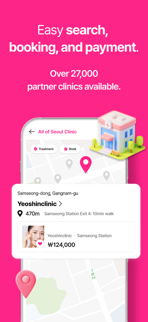 Mobile App-Oberfläche mit einer Karte von Hautkliniken in Seoul mit transparenten Preisen und Buchungsoptionen