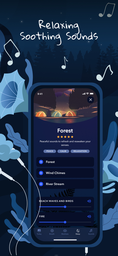 BetterMe: Mental Health - Schermata dell'app BetterMe Mental Health con suoni rilassanti della foresta e cursori personalizzabili per un sonno migliore