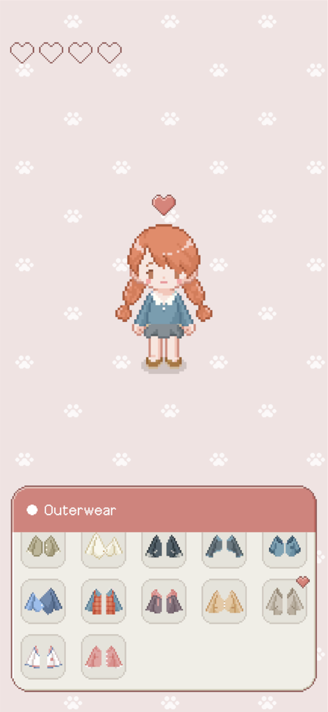 Tiny Boutique : Fashion Game - Pixel art character in the dress up menu of Tiny Boutique selecting outerwear