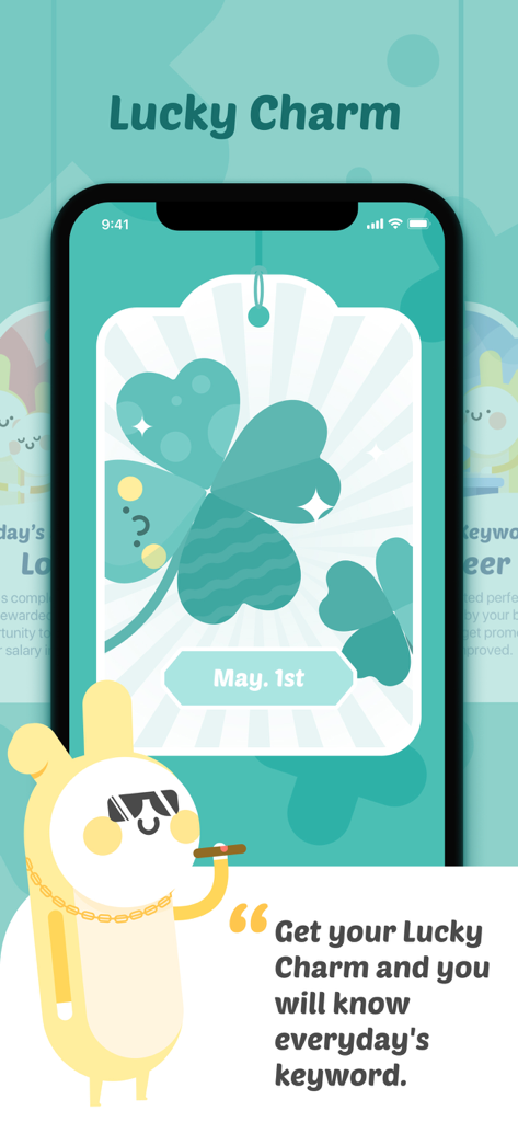Face Seer -Time Traces - Un écran de smartphone de l'application Face Seer montrant la fonction Lucky Charm avec une illustration de trèfle à quatre feuilles et une prédiction de mot-clé quotidien.