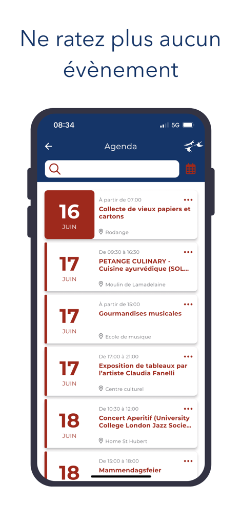 Pétange - Screenshot of the Petange app agenda screen displaying local events and community activities