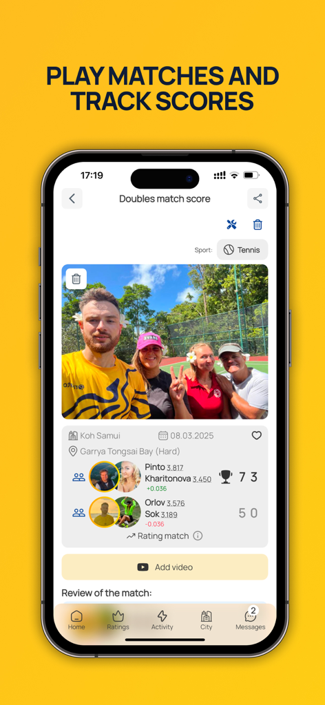 Raketo app screenshot displaying tennis doubles match scores and player ratings