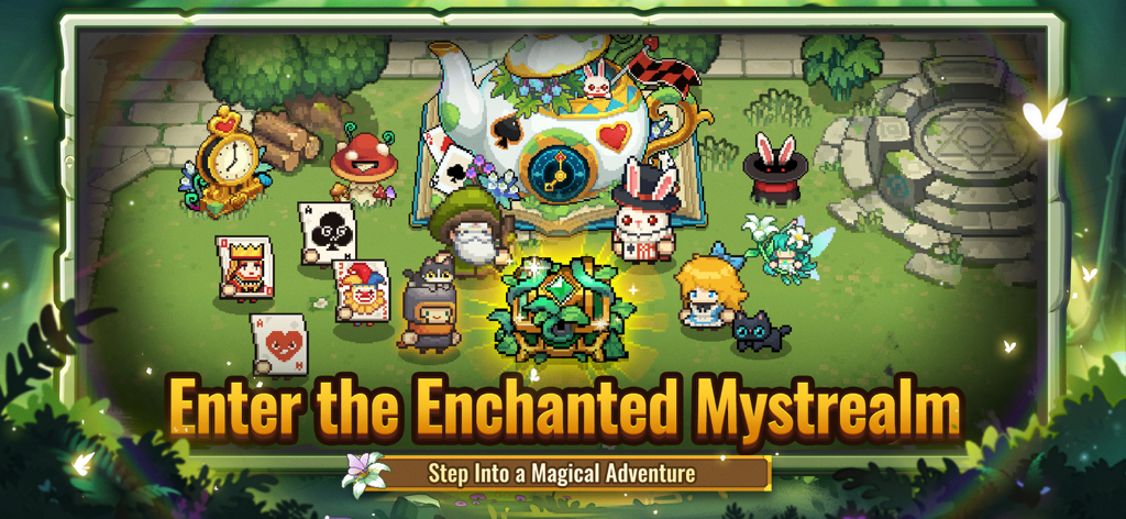 Soul Knight Prequel - Personajes Chibi en una escena de bosque encantado con arte de píxeles de Soul Knight Prequel.