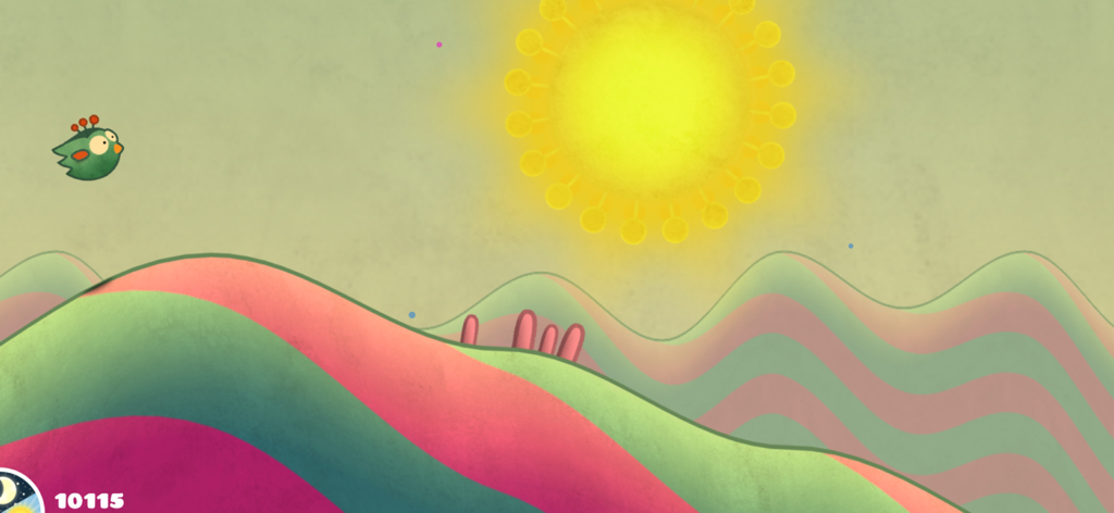 Tiny Wings - A small green bird flying over colorful watercolor hills under a bright yellow sun in Tiny Wings