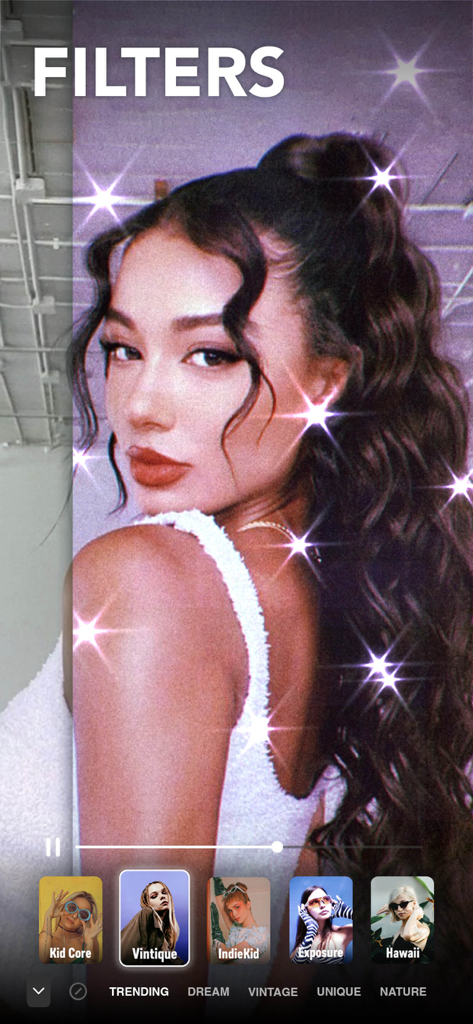 Filto app interface showing a vintage star bling filter applied to a portrait with various aesthetic category options like Vintique and Indie Kid.