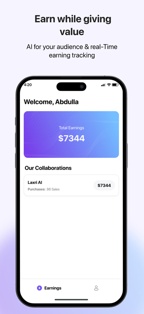 Captura de pantalla de la aplicación Influencer que muestra el seguimiento de ganancias en tiempo real y el historial de colaboraciones