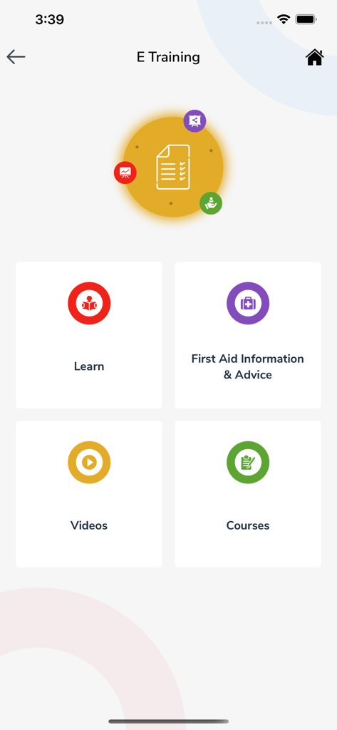 Dubai Ambulance - إسعاف دبي - E Training section of the Dubai Ambulance app featuring first aid advice and medical courses