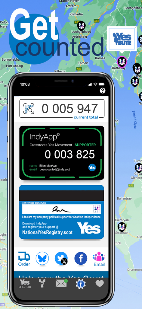 IndyApp for Yes - IndyApp digital supporter card and live movement totals on a mobile screen with a map of Scotland background