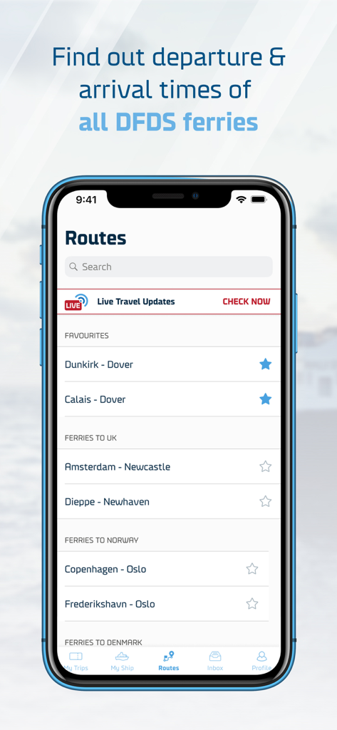 DFDSアプリのヨーロッパ旅行向けフェリー航路とライブ旅行情報を示すスクリーンショット