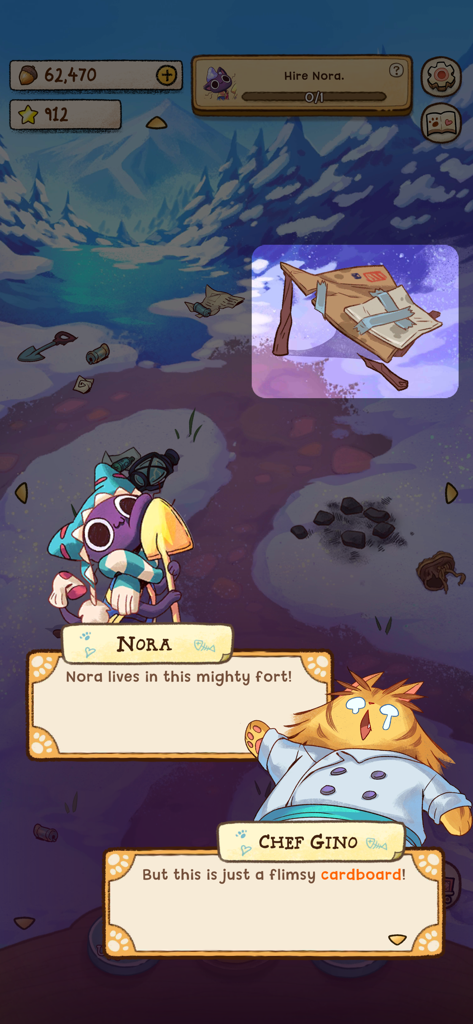 Cute cat characters Nora and Chef Gino talking in a snowy mountain camp