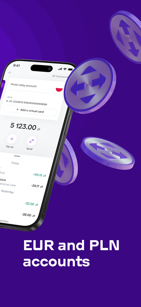 NovaPay mobile App Bildschirm mit Anzeige eines polnischen Zloty-Kontostands und Transaktionshistorie