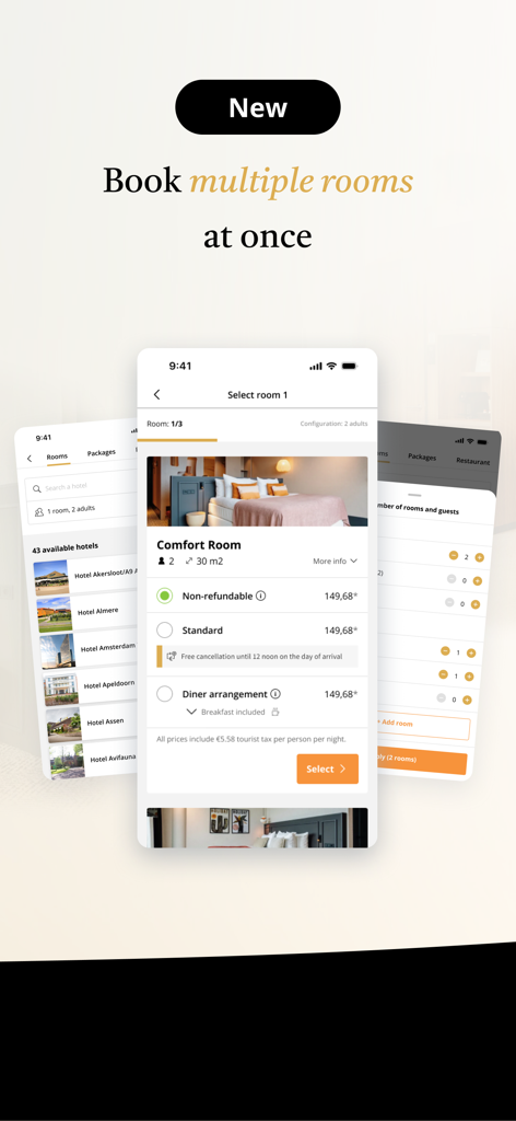Van der Valk Exclusief app interface showing the feature to book multiple rooms at once