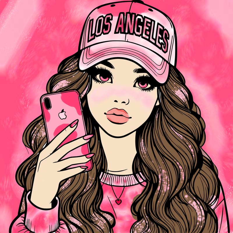 realistic beautiful girl wearing los ángeles cap holding an iphone