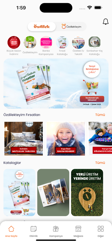 Özdilek AVM - Home screen of the Ozdilek AVM mobile app showing shopping catalogs and campaign banners
