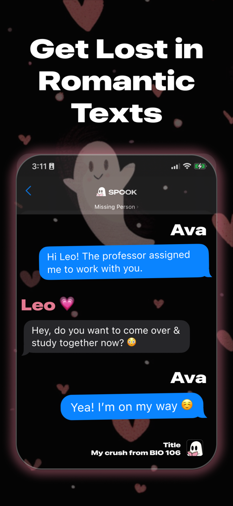 Spook: AI Chat & Text Stories - Una captura de pantalla de la interfaz de la aplicación Spook que muestra una conversación de texto romántica entre los personajes Ava y Leo