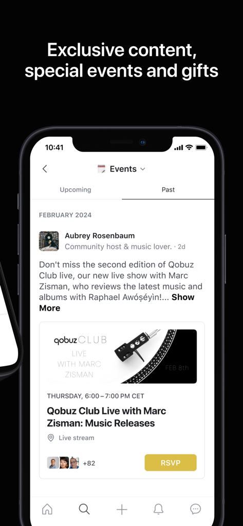 Qobuz Club - Uno schermo mobile dall'app Qobuz Club che mostra un elenco di eventi imminenti esclusivi e live stream per audiofili.