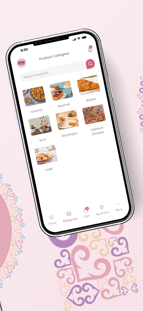 Schermata delle categorie di prodotti dell'app El Abd Pasticceria che mostra dolci orientali e occidentali