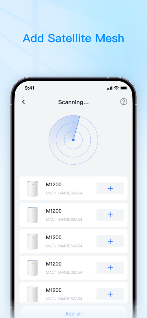 Cudy - Cudy app interface scanning for satellite mesh devices to extend home Wi-Fi