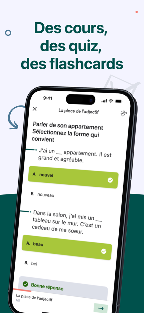 CCFS : apprendre le français - A smartphone screen showing a French grammar quiz about adjective placement within the CCFS learning app.