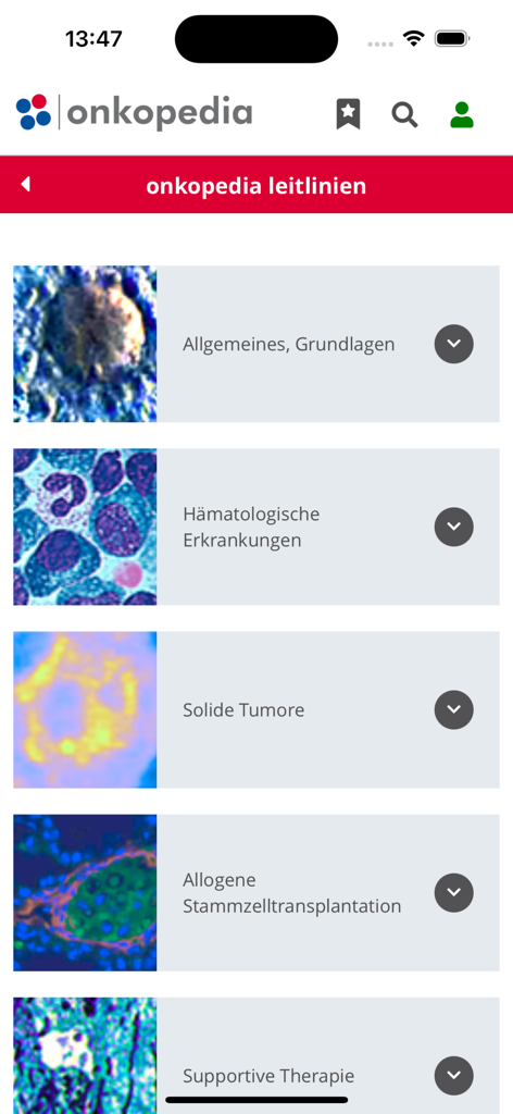 Onkopedia Leitlinienportal - Hauptmenü der Onkopedia-App mit einer Liste von onkologischen und hämatologischen medizinischen Leitlinien