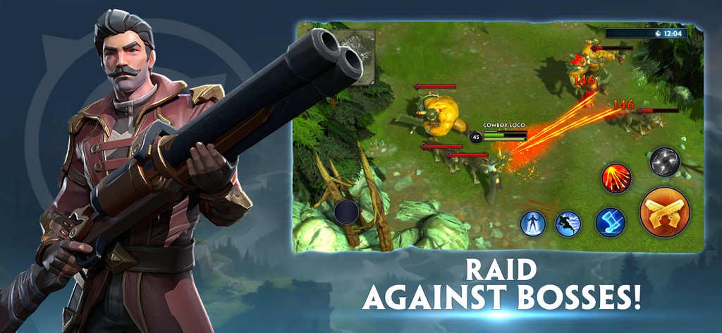 World Eternal Online - Hero character with a large cannon and tactical boss raid gameplay screenshot in a forest