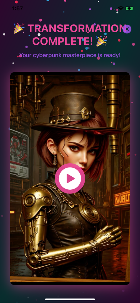 AI Siren - A cyberpunk AI transformation of a woman featuring a golden robotic arm and steampunk hat.