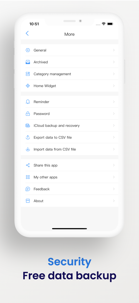An Idea - Keep track of ideas - Settings screen of An Idea app displaying security and data backup options