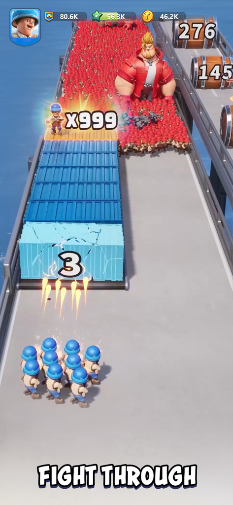 Soldados azules en Top War Battle Game atacando a un gran ejército rojo en un puente