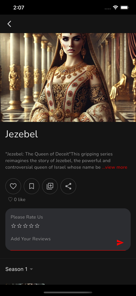 Celestial Witnesses - Captura de pantalla de la aplicación móvil Celestial Witnesses que muestra el perfil de la historia de Jezabel con arte cinematográfico del personaje y una sección de calificación de usuario