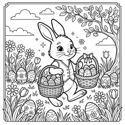 Get ready for a delightful Easter with this charming coloring page featuring the beloved Easter Bunny. Watch as he carries two overflowing baskets of beautifully decorated eggs through a vibrant spring meadow, ready to bring joy to everyone.