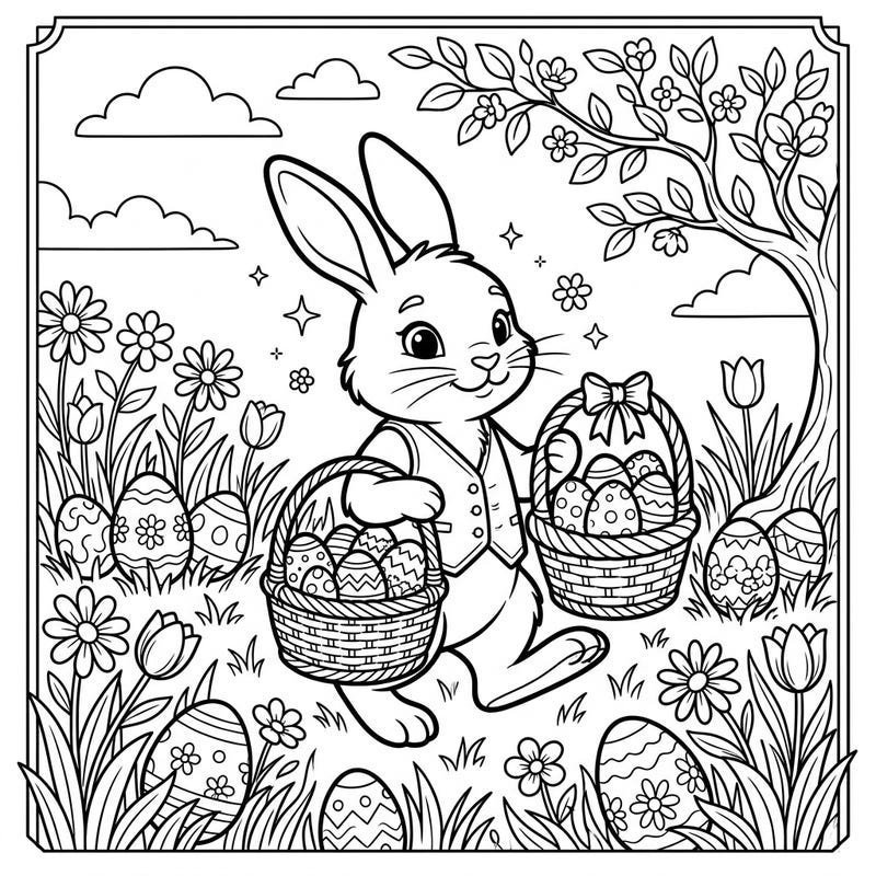 Get ready for a delightful Easter with this charming coloring page featuring the beloved Easter Bunny. Watch as he carries two overflowing baskets of beautifully decorated eggs through a vibrant spring meadow, ready to bring joy to everyone.