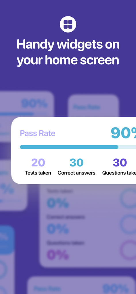 DANB CDA Practice Test - A mobile home screen widget for the DANB CDA practice test app showing a 90 percent pass rate and study statistics.