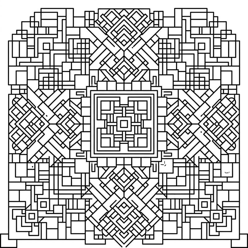 Explore the captivating world of precision with this square geometric mandala coloring page. Its intricate design, built from countless squares and rectilinear forms, offers a deeply satisfying coloring experience.