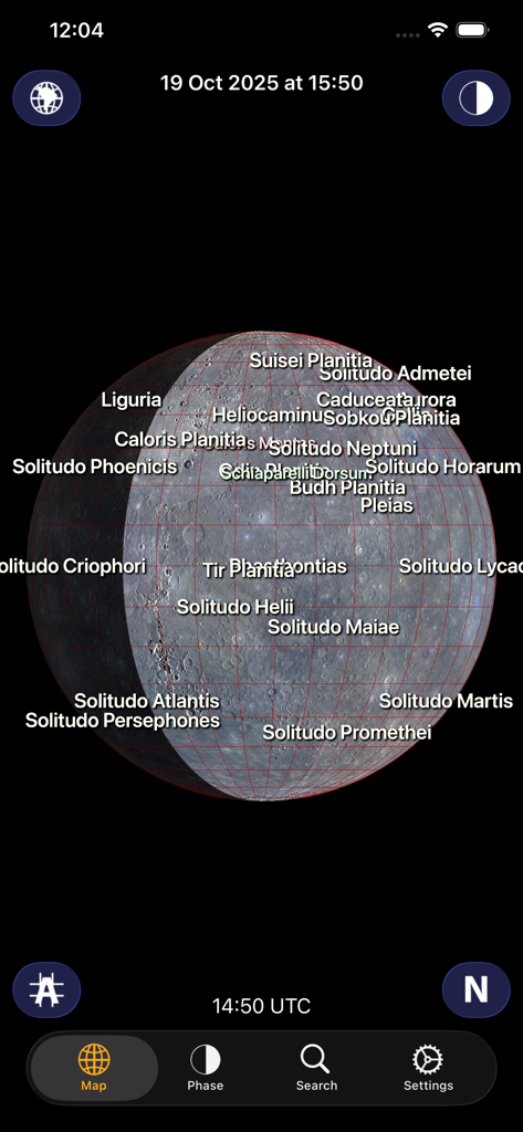 Mercury Atlas - マーキュリー・アトラスアプリのインターフェース。カリュリス平原などの地質学的特徴のラベルが付いた水星の3Dグローブを表示しています。