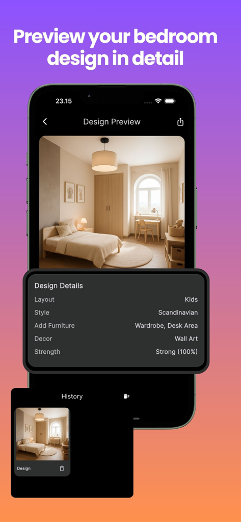 Bedroom Design AI Planner - AI-powered bedroom design preview with Scandinavian style options on a smartphone screen