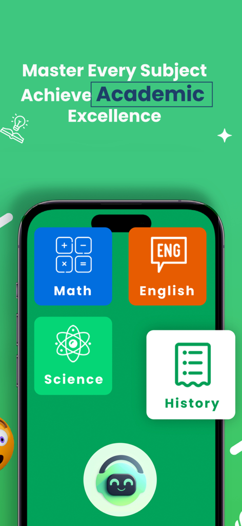 AI Homework Helper & Study App - Doubt Go app screen displaying subject categories for Math English Science and History to help students achieve academic excellence