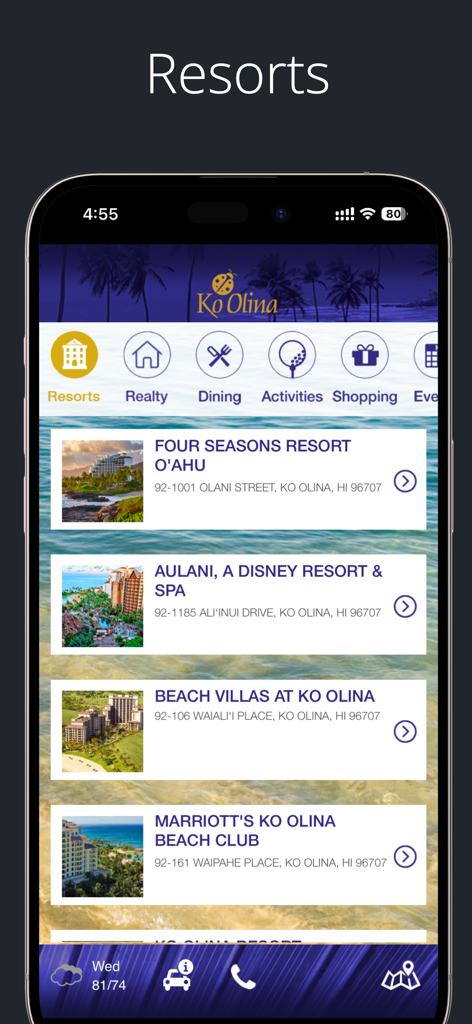 Ko Olina Resort Mobile App zeigt eine Liste von luxuriösen Strandresorts auf Oahu Hawaii an