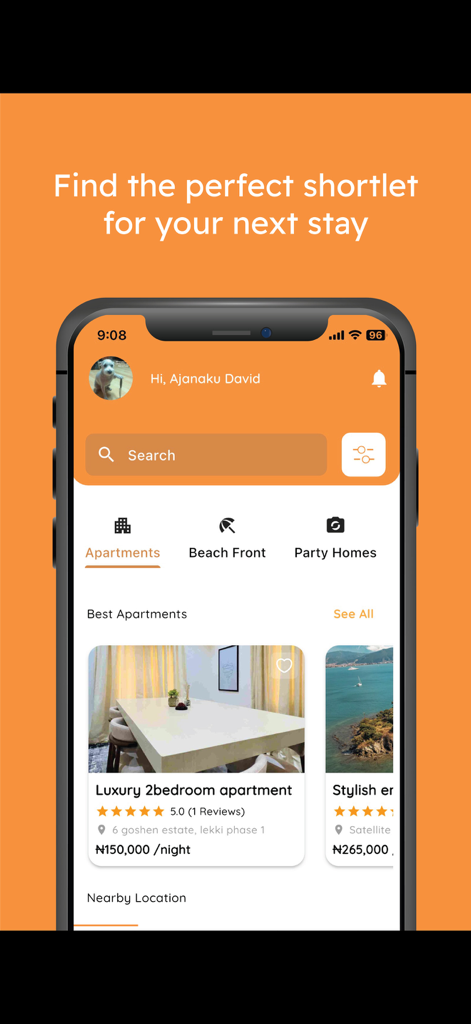 Shrbo - Shrbo app interface for finding and booking shortlet apartments and vacation homes