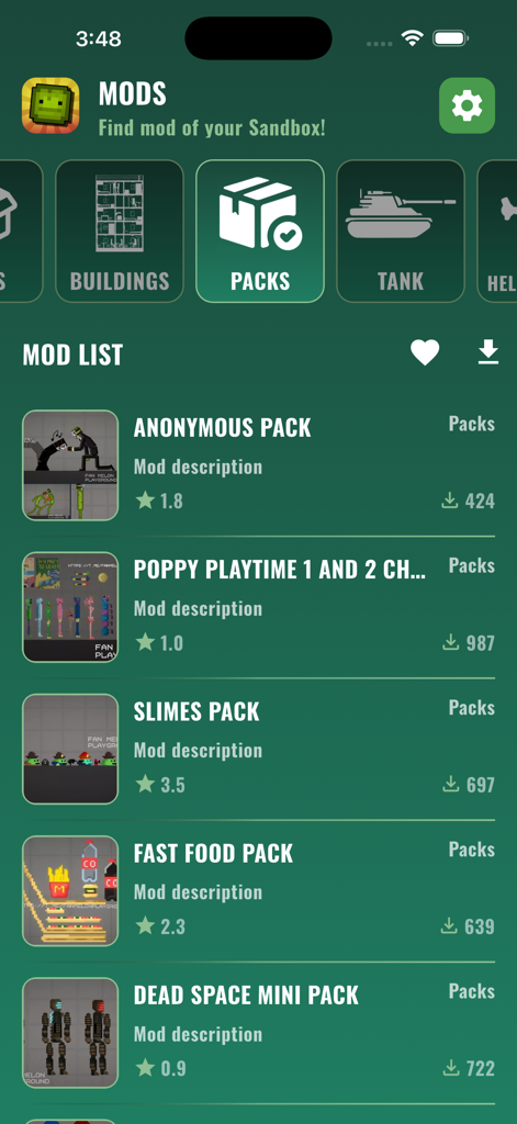 Mods for melon PG! - Interface of the Mods for melon PG app showing a list of mod packs including characters and skins
