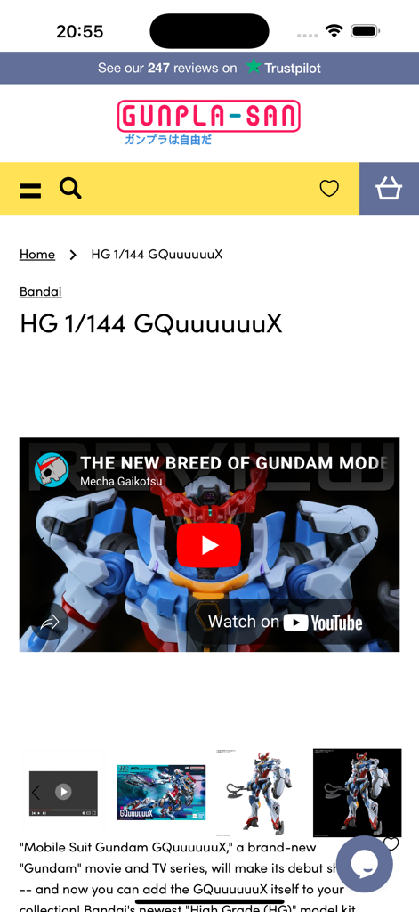 비디오 리뷰 및 이미지 갤러리가 포함된 건담 모델 키트용 Gunpla San 모바일 앱 제품 페이지