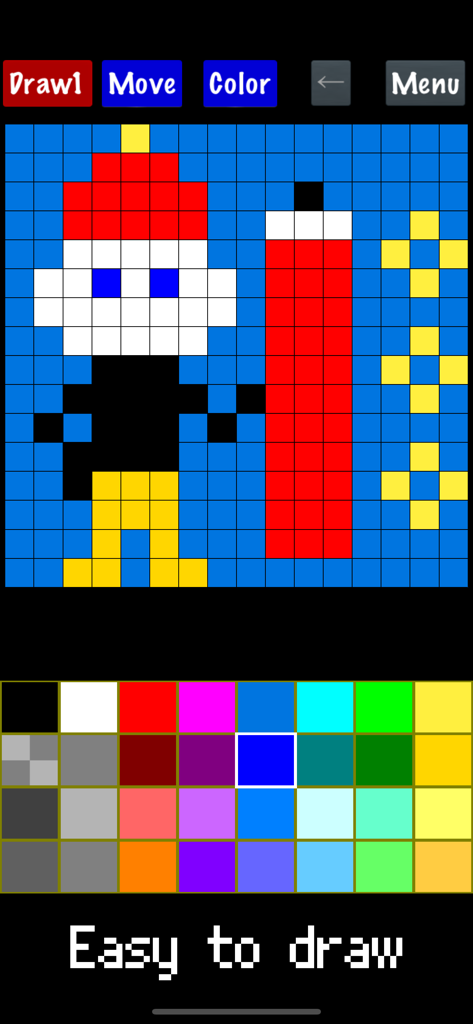 Pixel Art Maker - Um desenho de arte de pixel de um personagem com um chapéu vermelho e um lápis grande em um fundo de grade com uma paleta de cores abaixo dele