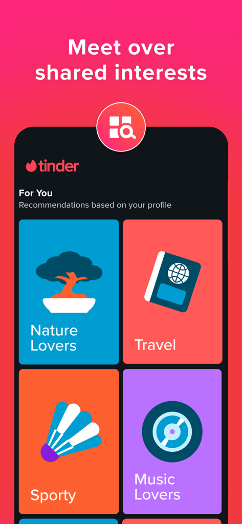 A screenshot of the Tinder app interface showing interest-based categories like Nature Lovers, Travel, Sporty, and Music Lovers.