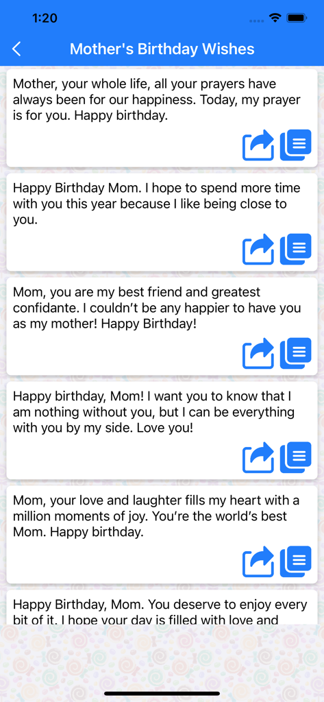 Happy Birthday Card Maker. - A list of birthday message templates for mothers in the Happy Birthday Card Maker app.