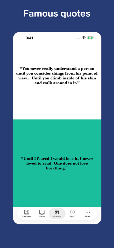 To Kill a Mockingbird - notes - A screen displaying famous quotes from To Kill a Mockingbird in the study app