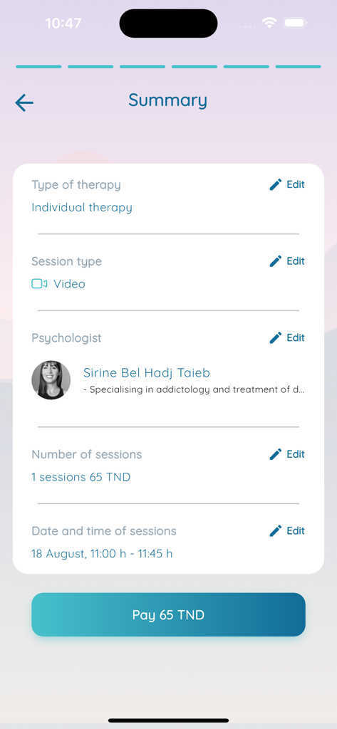 Ahkili أحكيلي - A summary screen of a video therapy session booking on the Ahkili app showing session type, psychologist name, and price.