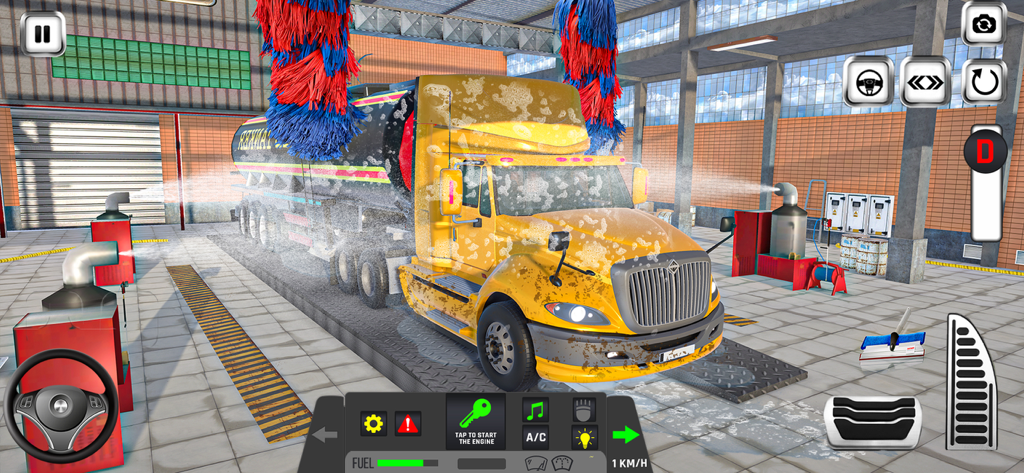 Truck Simulator Driver Games - A yellow semi truck being cleaned at an automated truck wash station in a simulator game.