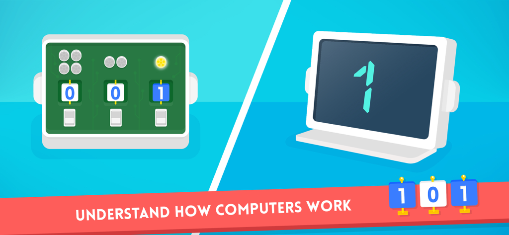 Code Karts - School Edition - An educational screen from Code Karts teaching children binary counting and how computers work using 0 and 1 numerals.